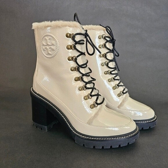 Tory Burch Miller Shearling Lug Sole Bootie Boots SPAIN Brie Leather Fur Lining - Picture 4 of 12